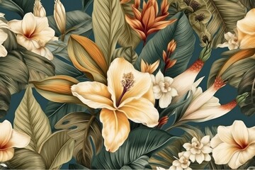 yellow flower and green leaf wallpaper pattern. Generative AI