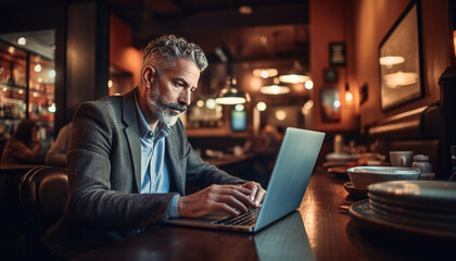 Confident businessman typing on laptop at night generated by AI