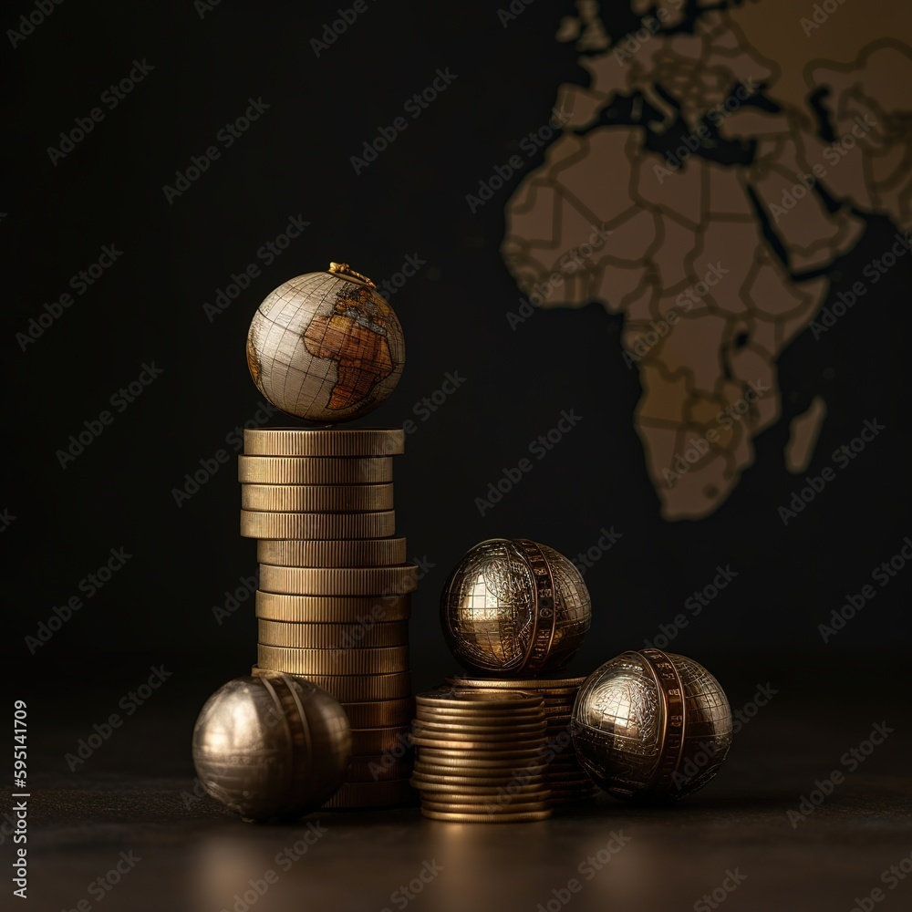 Wall mural Globe and stack with coins. Money makes the world go round. generative ai