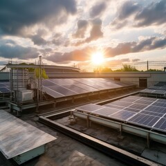 Fototapeta premium Solar panels installed on a roof of a large industrial building or a warehouse. Industrial buildings in the background. generative ai