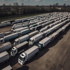 Semi trucks and delivery vans are parked in rows. Commercial fleet. generative ai