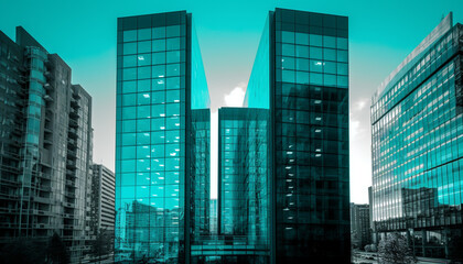 Futuristic skyscraper reflects twilight in cityscape generated by AI