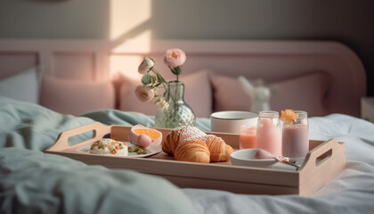 Fototapeta na wymiar Comfortable bed, fresh croissant, perfect relaxation spot generated by AI