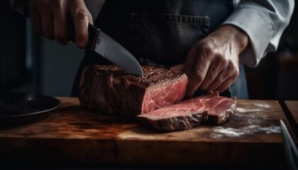 Man preparing fresh steak for gourmet meal generated by AI