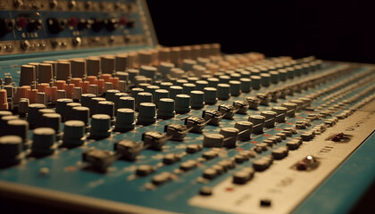 Professional sound engineer adjusting mixer knobs in studio generated by AI