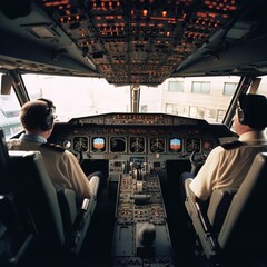 general view of a commercial flight simulator cockpit, with two pilots sitting in their seats, preparing to take off during a flight practice. generative ai