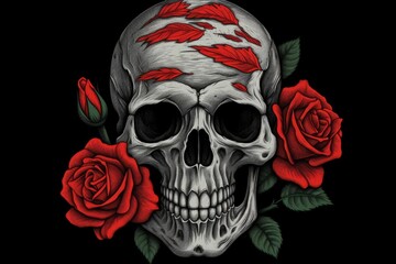 skull adorned with red roses. Generative AI