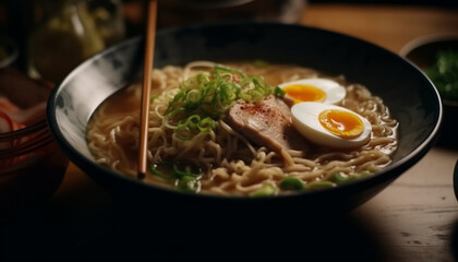 Gourmet ramen noodles with pork and vegetables generated by AI