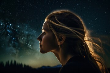 pretty young woman looking at the beautiful starry sky created with Generative AI technology