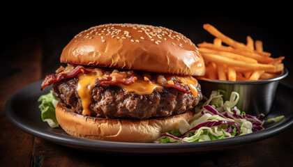 Grilled cheeseburger and fries, a classic American meal generated by AI