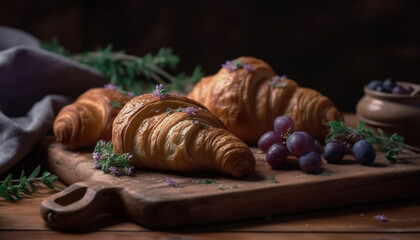 Fototapeta na wymiar Freshly baked French croissants on rustic wooden table generated by AI