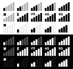 Obraz premium Mobile Network Signal collection. Mobile network strength icon set. 3g, 4g and 5g network. Full or no signal. Icon signal strength set. Vector illustration.