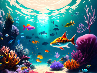 Naklejka na ściany i meble coral reef and fishes AI Generative