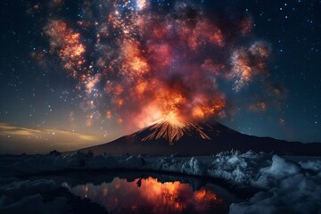 volcano ejects hot clouds of smoke into the night sky created with Generative AI technology