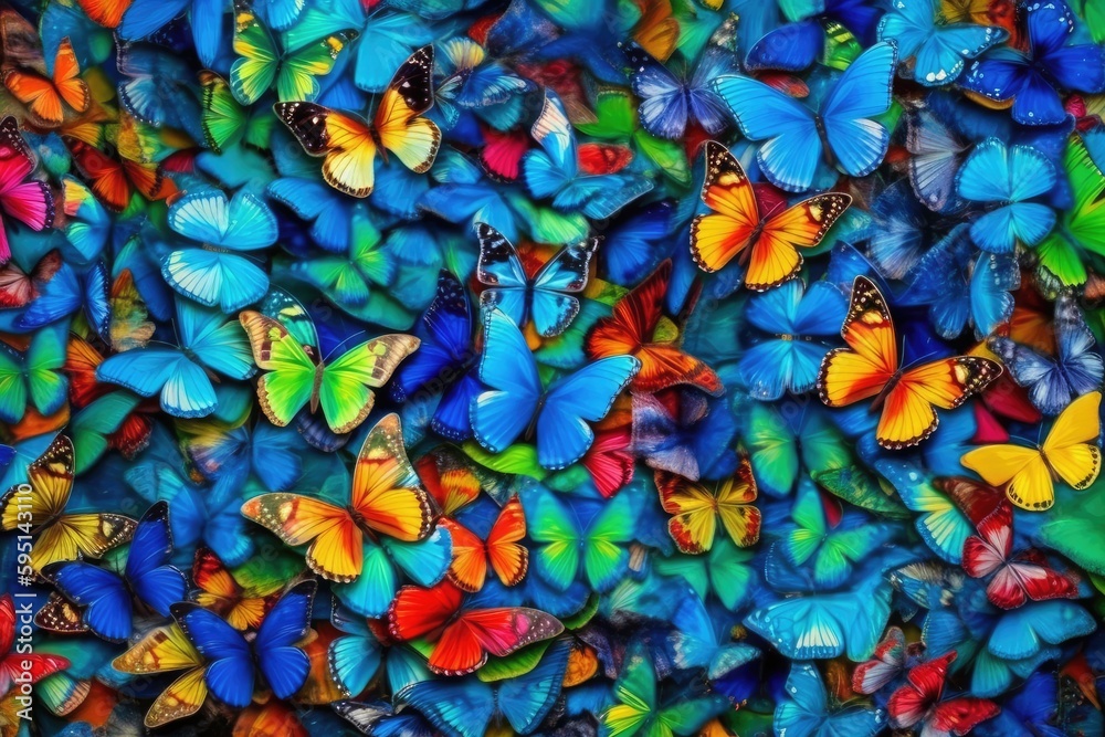 Wall mural swarm of colorful butterflies in flight. Generative AI