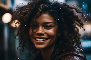 smiling young girl with curly brown hair created with Generative AI technology