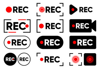 Rec icons. Record buttons collection. Video recording concept. Start of recording audio or video on camera. Logo for livestream on computer. Web player technology. Vector illustration. - obrazy, fototapety, plakaty