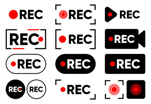 Rec icons. Record buttons collection. Video recording concept. Start of recording audio or video on camera. Logo for livestream on computer. Web player technology. Vector illustration.