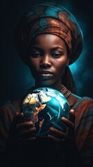 Naklejka premium African Woman Holding Globe in Traditional Attire. Generative AI.