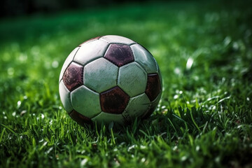 Fototapeta premium A green grass soccer field with an empty stadium in the background, featuring a soccer ball in the center. Ideal for sports-related projects. Recreational sport. Fun outdoor activity. Generative AI.