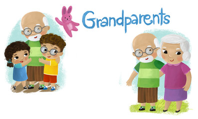 cartoon scene with happy family grandparents and granchildren  illustration for kids