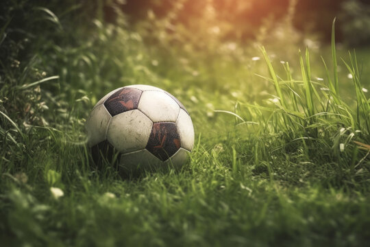 A green grass soccer field with an empty stadium in the background, featuring a soccer ball in the center. Ideal for sports-related projects. Recreational sport. Fun outdoor activity. Generative AI.