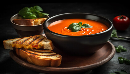 Fresh tomato soup with grilled baguette garnish generated by AI