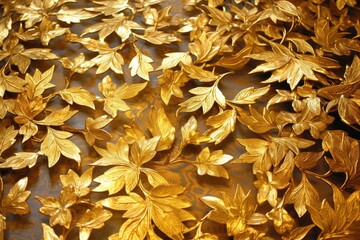 close-up of shimmering gold leaves on a textured surface. Generative AI