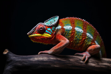 Fototapeta premium Chameleon on a black background. AI-generated 