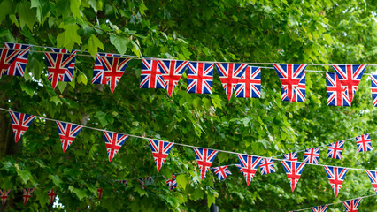 Union Jack flags hanging at the street ready to national holiday celebration