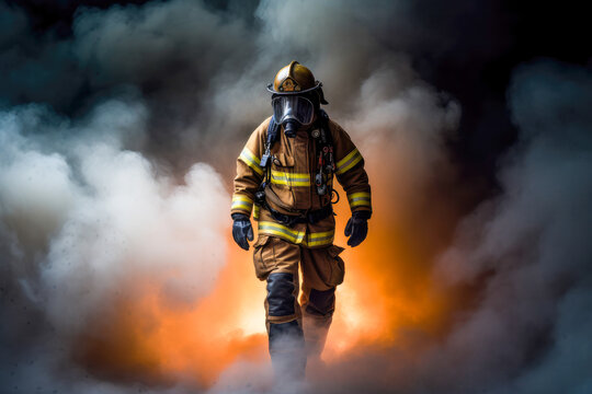 Firefighter with breathing apparatus walking out of fire and smoke, high quality generative ai