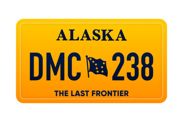 Alaska s Car number in the United States of America. Marking of car license plates. Realistic car registration plate. Vector illustration.