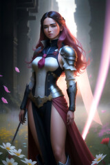 A woman with pink hair stands in a dark forest with a pink sword, Generated by Generative AI