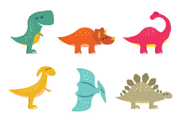 Cute colourful dino set. Kind smiling dinosaur collection. Cartoon graphic brontosaurus, tyrannosaurus rex, pterodactyl, triceratops, stegosaurus and parasaurolophus design. Creative hand drawn prints