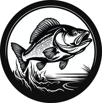 Fishing logo. Bass fish club emblem. Fishing theme vector illustration. black and white isolated on white background.
