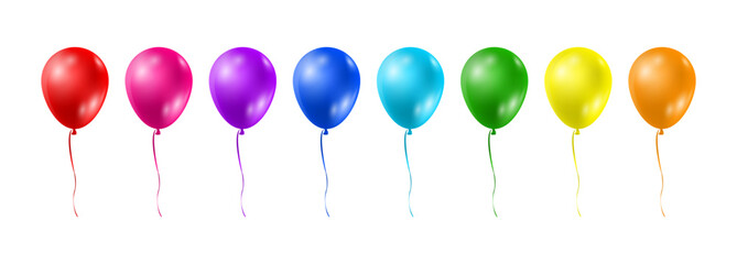 Balloons in realistic style. Balloons for birthday and party. Flying ballon with rope. Balloon in different colors isolated on white background. Icon for celebrate and carnival. Vector illustration. - obrazy, fototapety, plakaty