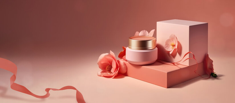 pink themed cosmetic cream product display for beauty gift boxes or spa mockup concepts as wide banner design with copyspace area - Generative AI
