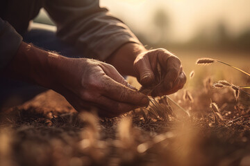 Agriculture workers in the field during sunset, tending to crops and harvesting. A close-up of a farmer's hand holding a plant, hard work and dedication required in this profession. Generative ai. - obrazy, fototapety, plakaty