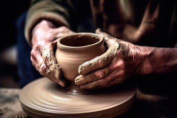 Hands of pottery artist working, unrecognizable person, close up shot. Generative AI