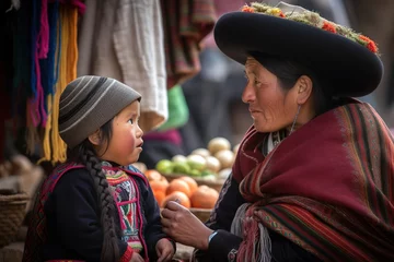 Fotobehang Andean Quichua mother with her daughter in the local market. Generative AI © Pajaros Volando