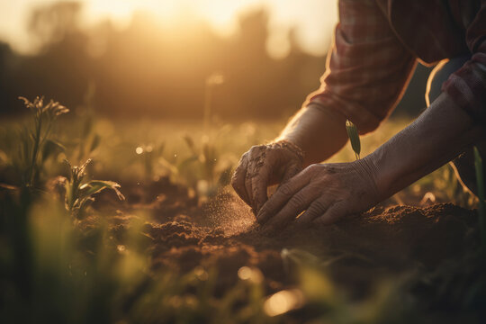 Agriculture workers in the field during sunset, tending to crops and harvesting. A close-up of a farmer's hand holding a plant, hard work and dedication required in this profession. Generative ai.