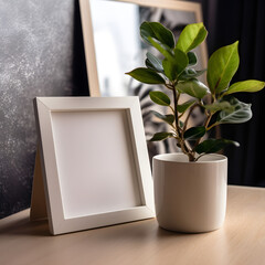 Home interior wall art mockup, blank canvas, stylish setup with indoor plants