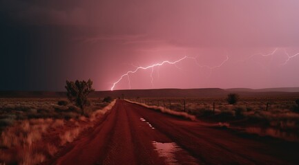 Lightning streak across the desert. Generative AI