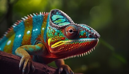 Fototapeta premium A macro shot of a colorful chameleon in the woods ai, ai generative, illustration