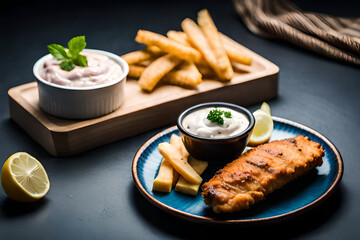 Fried fish and chips with mayonnaise and tartar sauce Generative AI