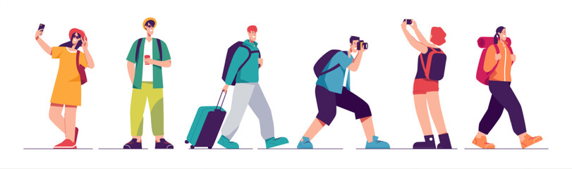 Set of tourists characters, traveling people. Vector illustration on the subject of summer vacation, adventures, hiking, exploring, journey, recreation
