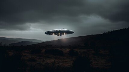 Naklejka na ściany i meble A flying saucer or UFO in the night sky with lights. Generative AI. 