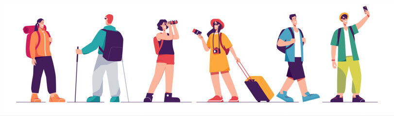 Set of tourists characters, traveling people. Vector illustration on the subject of summer vacation, adventures, hiking, exploring, journey, recreation