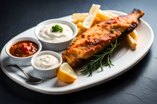 Fried fish with french fries, tartar sauce and rosemary Generative AI