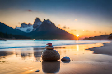 zen stones on the beach at sunset Generative AI